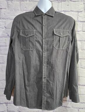 Michael Brandon Black White Striped Long Roll Tab Sleeve Button Up Men's Shirt M